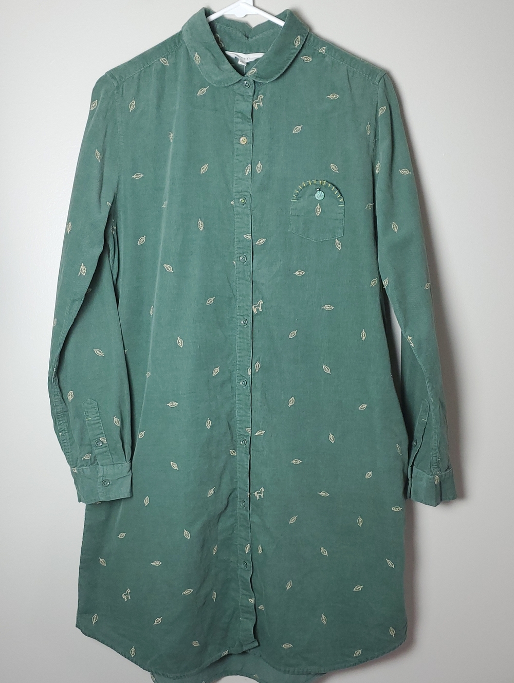 Avvn Green Corduroy Shirt Dress Subtle Leaf Horse Embroidery Sz M Country Artsy